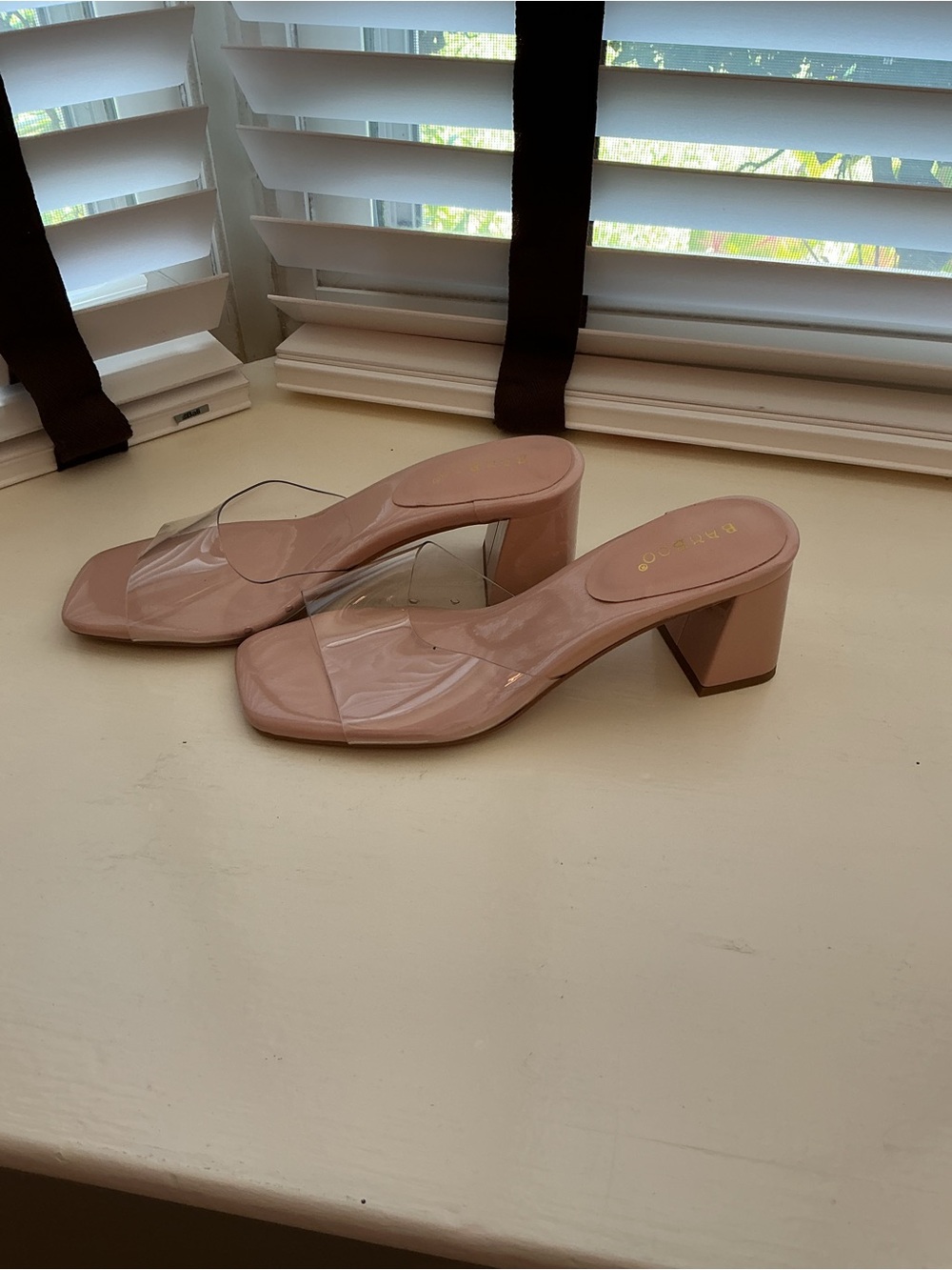 BAMBOO Blush Pink Clear Strap Block Heel Mules